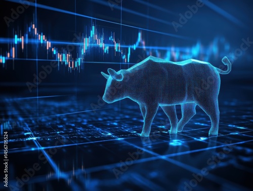 Obraz na płótnie Digital Bull Market Concept with Stock Chart Background and Blue Tech Grid Illustration w salonie