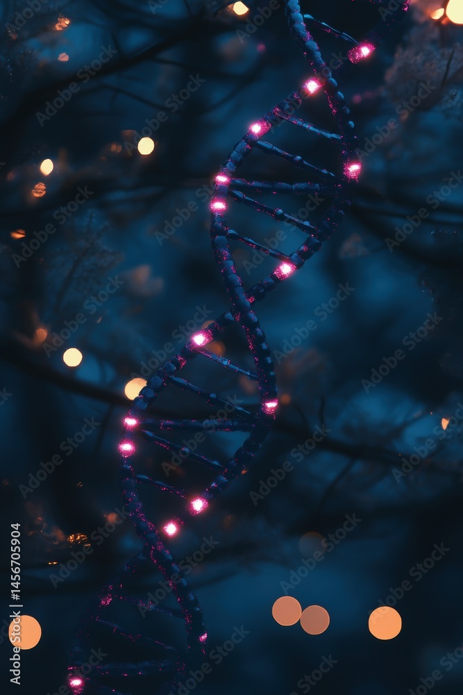 DNA double helix model with pink lights against dark background side view of genetic molecule for science