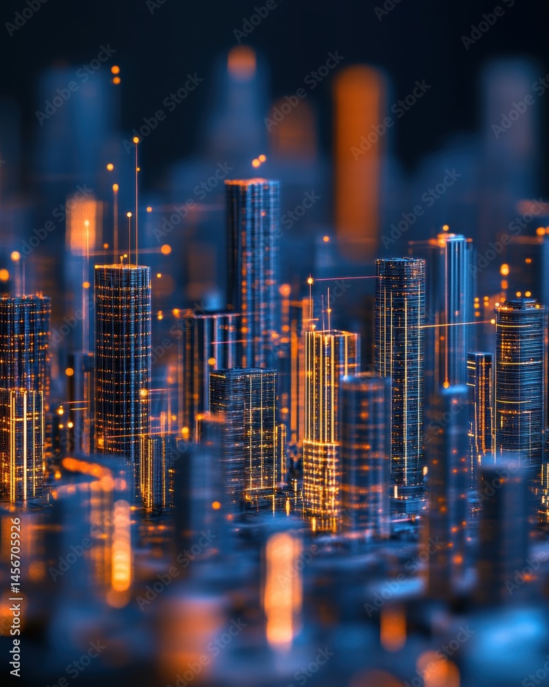 Abstract futuristic city skyline with glowing lines and dots representing data flow and connectivity in a modern urban landscape