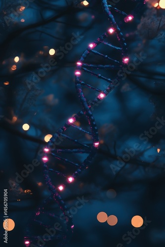Obraz na płótnie DNA double helix model with pink lights against dark background side view of genetic molecule for science w salonie