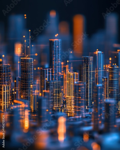 Obraz na płótnie Abstract futuristic city skyline with glowing lines and dots representing data flow and connectivity in a modern urban landscape w salonie