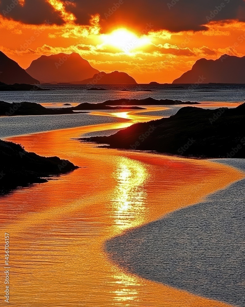 Golden hour sunset over winding river in Norway landscape nature photography idyllic scene