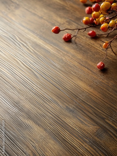 Obraz na płótnie Autumn still life of red and yellow berries on rustic wooden background angled view for seasonal design and decoration w salonie