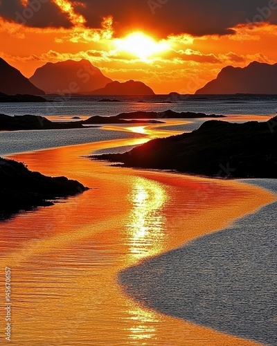 Obraz na płótnie Golden hour sunset over winding river in Norway landscape nature photography idyllic scene w salonie