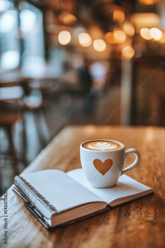 Coffee break with heart mug and open notebook on wooden table in warm cafe light