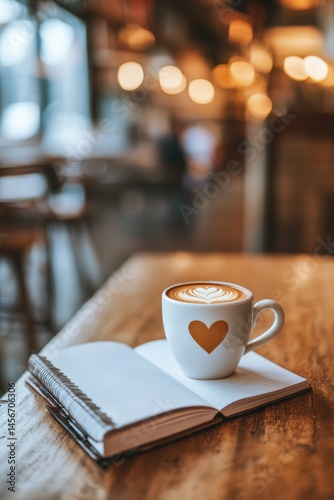Obraz na płótnie Coffee break with heart mug and open notebook on wooden table in warm cafe light w salonie