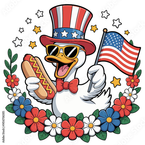 A cheerful duck wearing sunglasses and a patriotic hat holds an American flag and a hotdog. Surrounded by colorful flowers and stars, the duck radiates festive energy.
