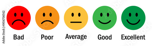 Feedback scale with five colorful emoticons representing ratings from Bad to Excellent on a white background, useful for surveys, reviews, and customer satisfaction forms. Feedback, emoji, icon.