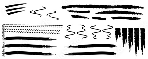 A minimalist digital image of black brush strokes, arranged in a neat grid. Strokes vary in thickness, length, and style—straight, curved, wavy, and jagged—clean, textured, and organized.
