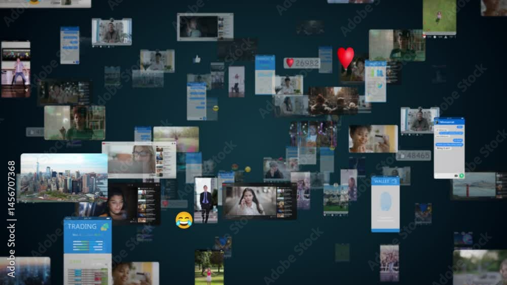 Black Digital Background with Different Online Services. Visualization of Messenger Apps, Dating Profiles, Finance Wallet, Entertainment Viral Videos, Avatars, Emoji, Profiles. Metaverse.