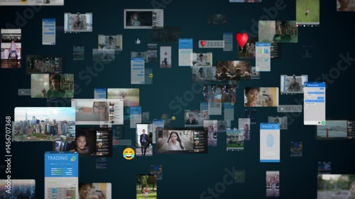 Black Digital Background with Different Online Services. Visualization of Messenger Apps, Dating Profiles, Finance Wallet, Entertainment Viral Videos, Avatars, Emoji, Profiles. Metaverse.
