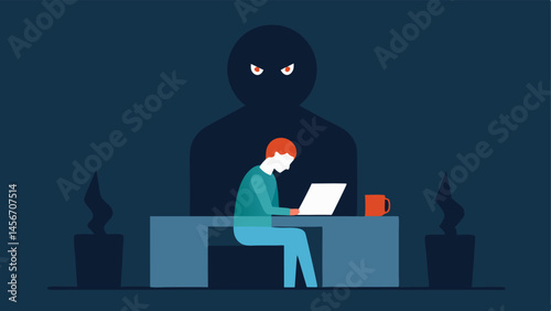 Anxiety Monster A shadowy figure labeled anxiety looming over a worried individual at a desk illustrating the mental stress from work pressures.