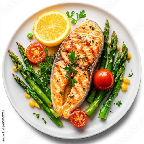 Obraz na płótnie Grilled salmon steak served with asparagus tomatoes and lemon on a white plate overhead shot healthy eating clean diet w salonie