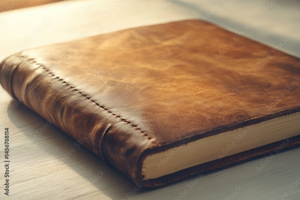 Obraz premium A thick, vintage leather-bound book rests on a light wooden surface, bathed in warm sunlight.
