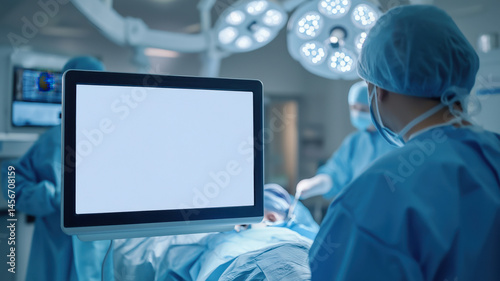 Surgeons standing next to patient during the surgical operation and computer screen mockup