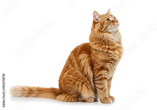 Fototapeta A ginger tabby cat sitting upright looking up with a fluffy tail on a plain white background studio shot