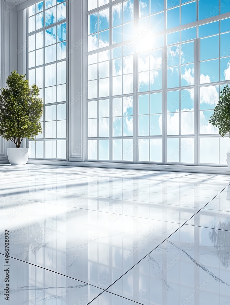 Bright modern interior with large windows and potted plants showcasing light and space in a minimalist design concept