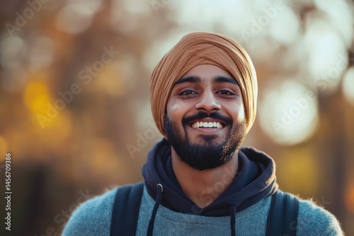 Smiling Indian Punjabi man in blooming spring park