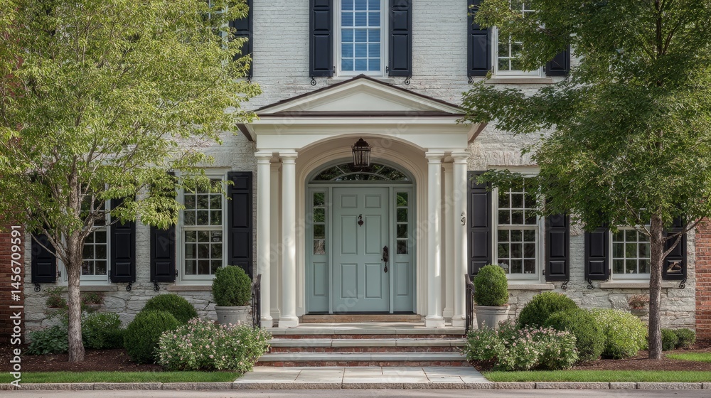 Fototapeta premium Elegant house facade with refined architectural details, embodying timeless sophistication and welcoming charm 