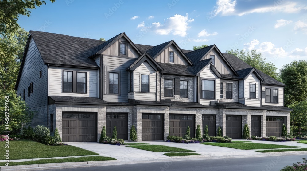 Row of townhouses with identical design and driveways under blue sky, perfect for real estate ad campaign Row of townhouses with identical design and driveways under blue sky, perfect for real estate ad campaign