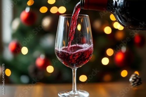 Pouring red wine into a glass with warm Christmas lights and ornaments in the background photo