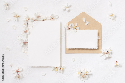 Obraz na płótnie Blank cards and envelope near white cherry flowers top view, spring wedding mockup w salonie
