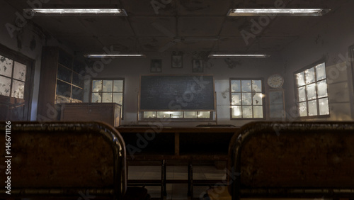 Abandoned classroom with a blackboard and a clock. The room is dark and empty. Premium photo 3d render
