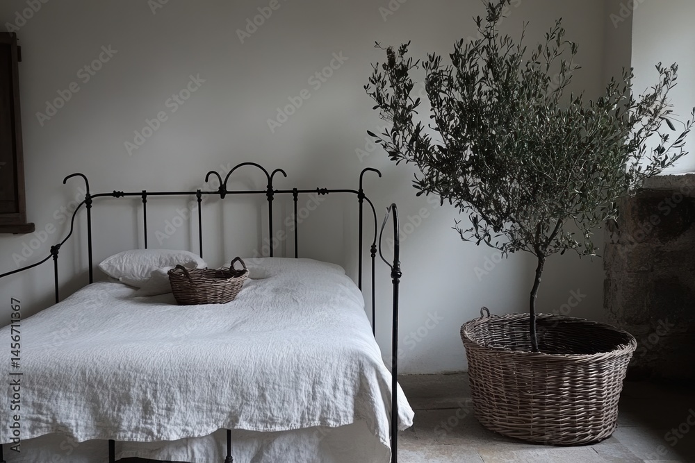 Interior bedroom scene with iron bed frame, linen bedding, woven baskets, and potted olive tree in minimalist style