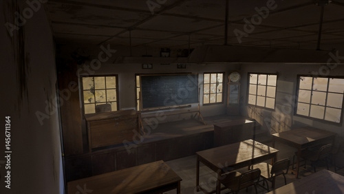 Abandoned classroom with a blackboard and a clock. The room is dark and empty. Premium photo 3d render