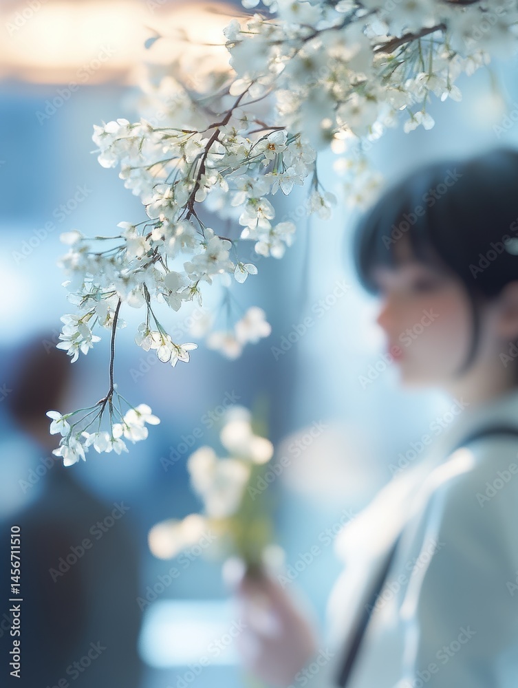 Woman holding white flowers under blossoming tree branch in soft focus dreamy aesthetic indoor setting