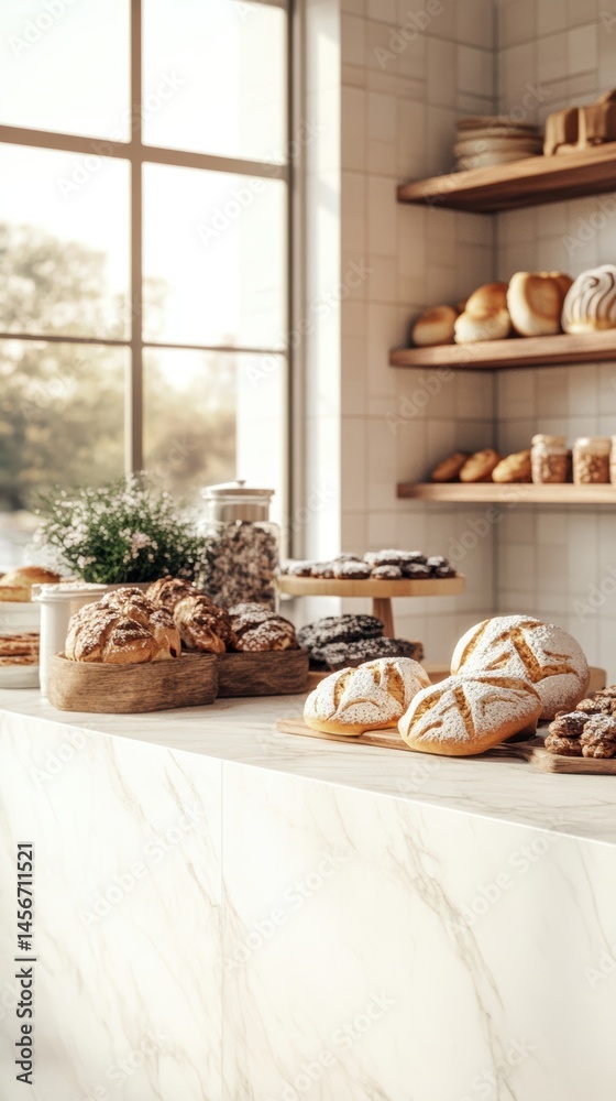 Bakery Display of Fresh Bread Loaves and Pastries on Marble Countertop by Window in Morning Light