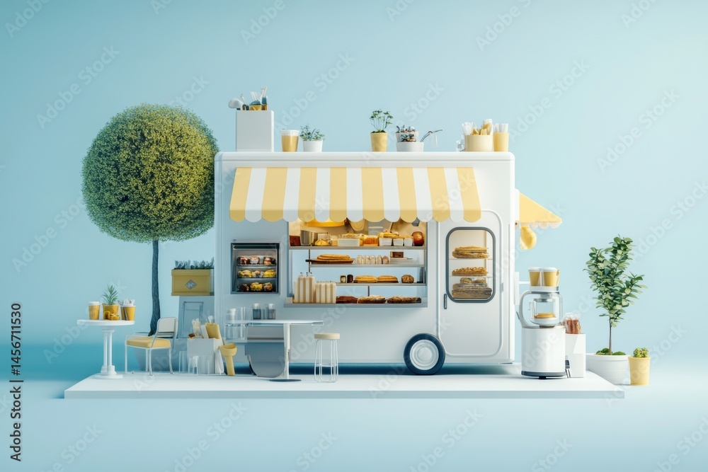 Minimalist Food Truck Scene with Pastries and Drinks on Display in a Clean Studio Setting