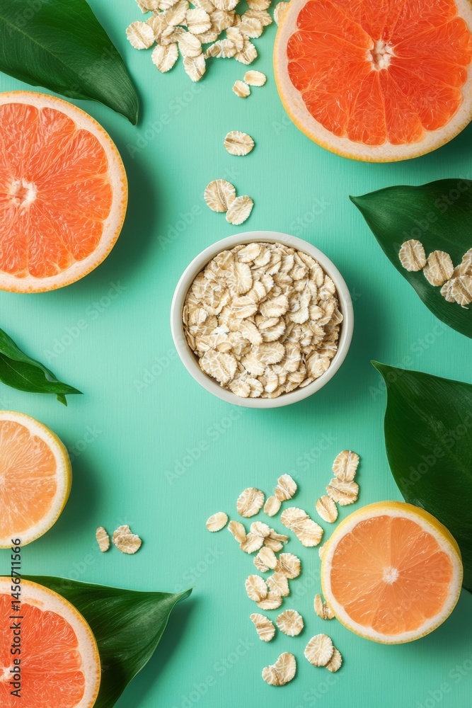 Healthy Breakfast Concept with Grapefruit Halves and Oat Flakes on a Light Green Background