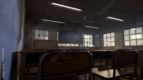 Abandoned classroom with a blackboard and a clock. The room is dark and empty. Premium photo 3d render