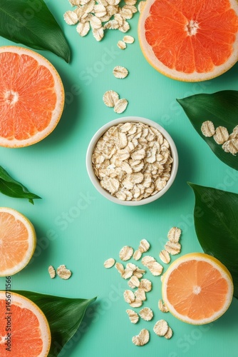 Obraz na płótnie Healthy Breakfast Concept with Grapefruit Halves and Oat Flakes on a Light Green Background w salonie
