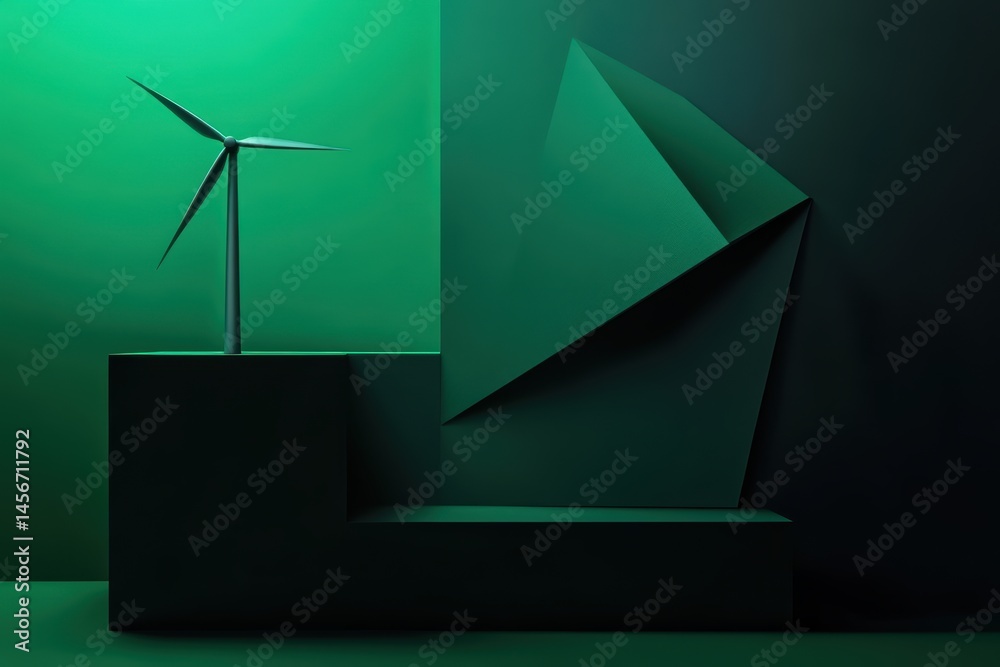 Minimalist Still Life of Wind Turbine Model on Geometric Shapes in Green Tones Studio Shot