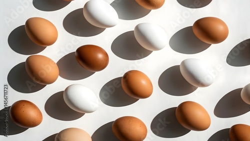 Variety of eggs arranged in a grid pattern on a white background, featuring different colors and subtle shadows for aesthetic appeal