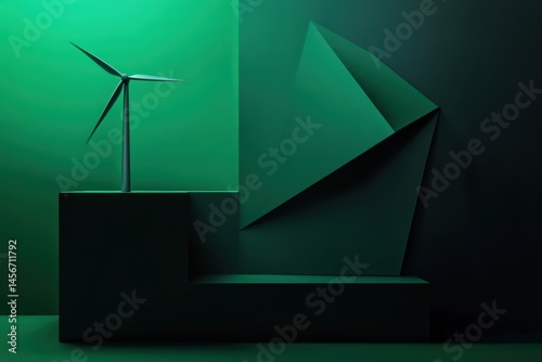 Obraz na płótnie Minimalist Still Life of Wind Turbine Model on Geometric Shapes in Green Tones Studio Shot w salonie