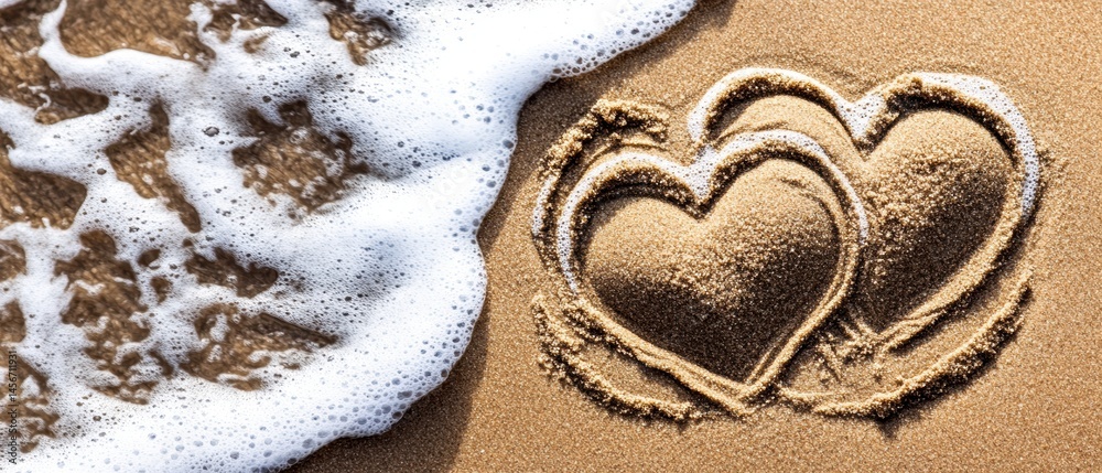 Two Hearts Drawn in Sand with Ocean Wave Approaching Symbolizing Love and Romance on Beach