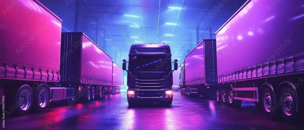 Fleet of Trucks in a Warehouse with Neon Lights Ready for Transport and Delivery of Goods