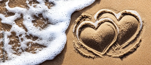 Obraz na płótnie Two Hearts Drawn in Sand with Ocean Wave Approaching Symbolizing Love and Romance on Beach w salonie