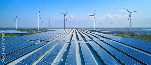 Obraz na płótnie Aerial View of Solar Panel Array and Wind Turbines Generating Clean Energy in a Sustainable Power Plant on a Sunny Day w salonie