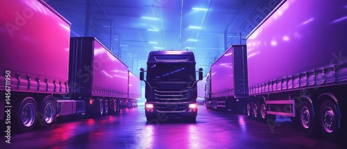 Obraz na płótnie Fleet of Trucks in a Warehouse with Neon Lights Ready for Transport and Delivery of Goods w salonie