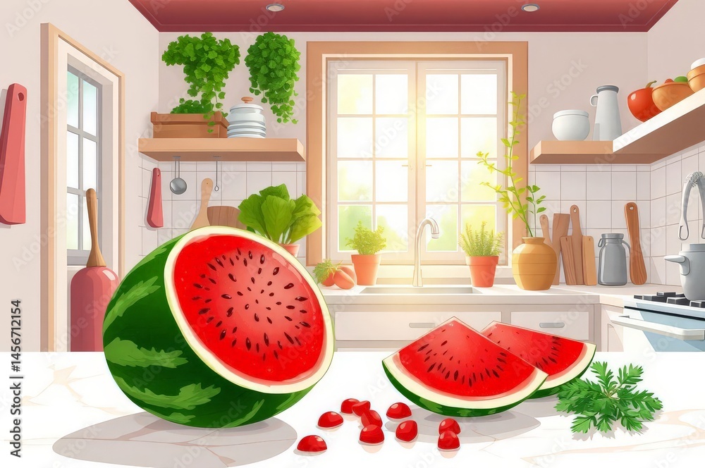 Slicing Watermelon in a Cozy Kitchen