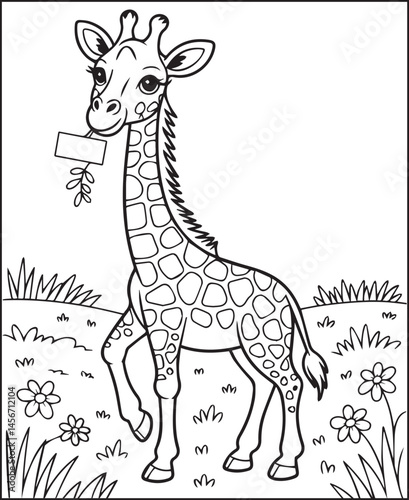 Baby Giraffe on natural background black line art vector illustration for kids coloring page or book design