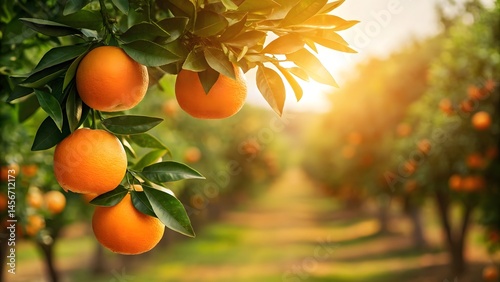 Vibrant ripe oranges hanging from a lush green tree branch in an orchard, illuminated by sunlight, showcasing fresh citrus fruits