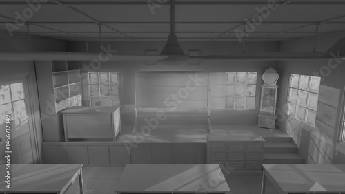 Abandoned classroom with a blackboard and a clock. The room is dark and empty. Premium photo 3d render