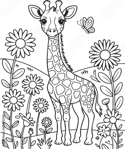 Baby Giraffe on natural background black line art vector illustration for kids coloring page or book design