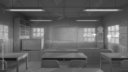 Abandoned classroom with a blackboard and a clock. The room is dark and empty. Premium photo 3d render