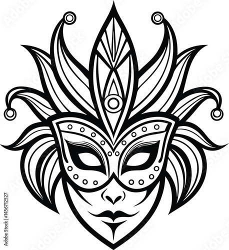 Carnival mask silhouette, Carnival mask icon black silhouette isolated on white background,Mask with feathers pictogram, Vector illustration